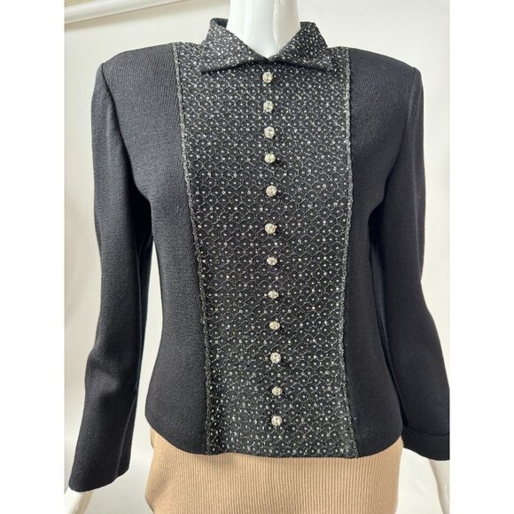 St. John Evening By Marie Gray Black Knit Rhinestone Button Down Top w/ Blemish - Picture 15 of 16